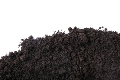 Photo of Fresh soil isolated on white, top view