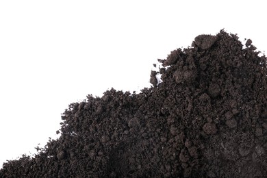 Photo of Fresh soil isolated on white, top view