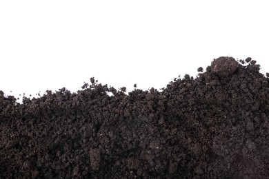 Photo of Fresh soil isolated on white, top view