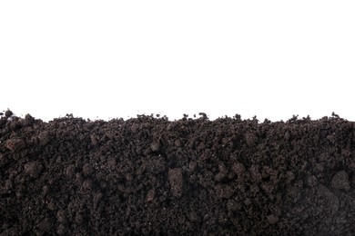 Photo of Fresh soil isolated on white, top view