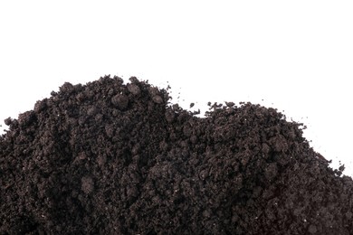 Photo of Fresh soil isolated on white, top view