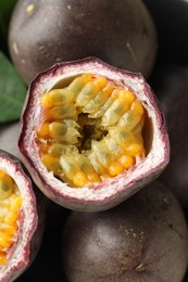 Photo of Fresh passion fruits as background, above view