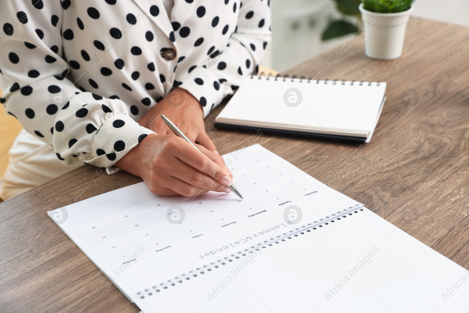 Woman using business planner at wooden table in office, closeup Photo of Woman using business planner at wooden table in office, closeup
