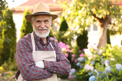 Photo of Portrait of smiling elderly man in hat and apron with crossed arms in garden. Space for text