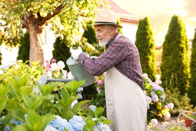 Photo of Elderly man in hat and apron watering beautiful flowers with can in garden
