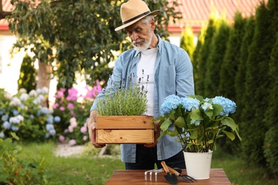 Photo of Elderly man in hat with potted flowers in garden