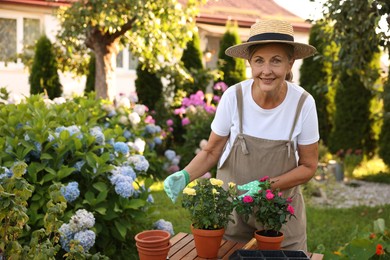 Photo of Portrait of senior woman in hat, gloves and apron with flowers in garden