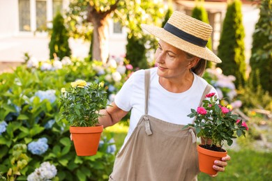 Photo of Senior woman in hat and apron with potted flowers in garden