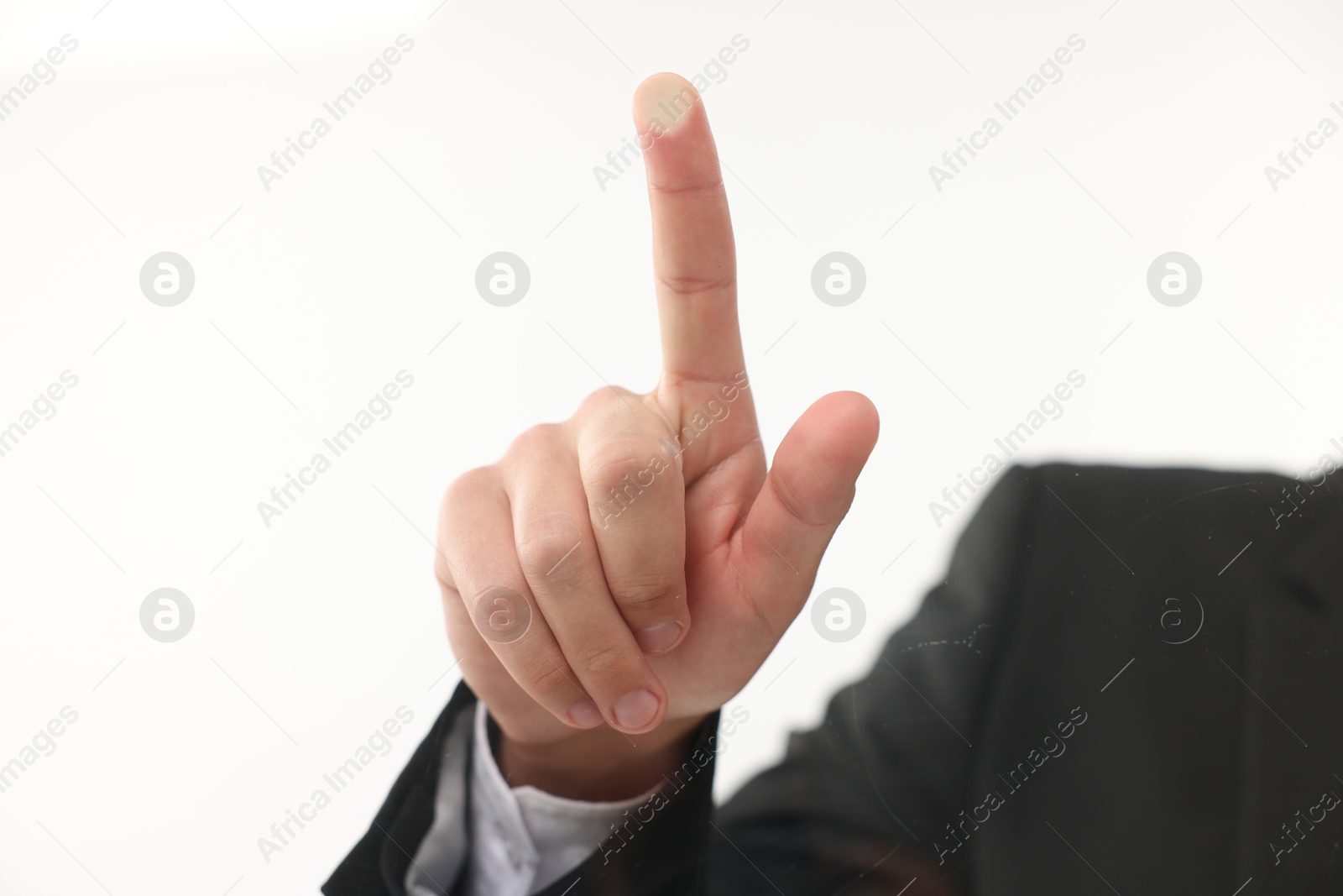 Photo of Man touching something on white background, closeup