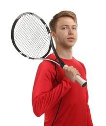 Photo of Man with tennis racket on white background