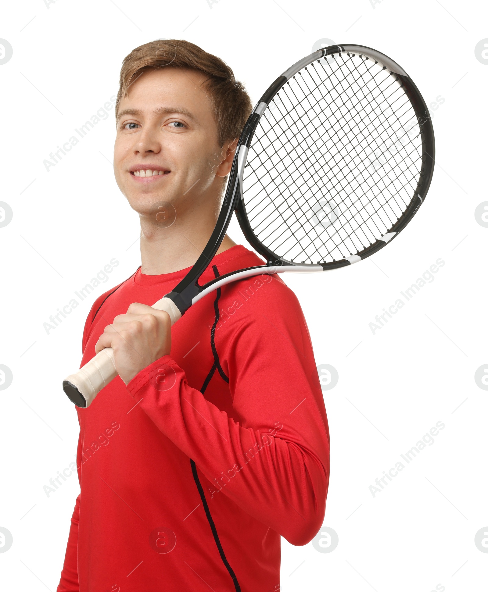 Man with tennis racket on white background Photo of Man with tennis racket on white background