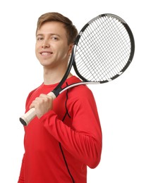 Photo of Man with tennis racket on white background
