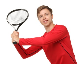Photo of Man with tennis racket on white background