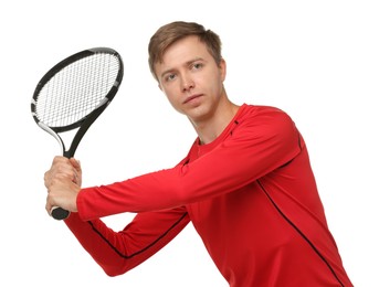 Photo of Man with tennis racket on white background