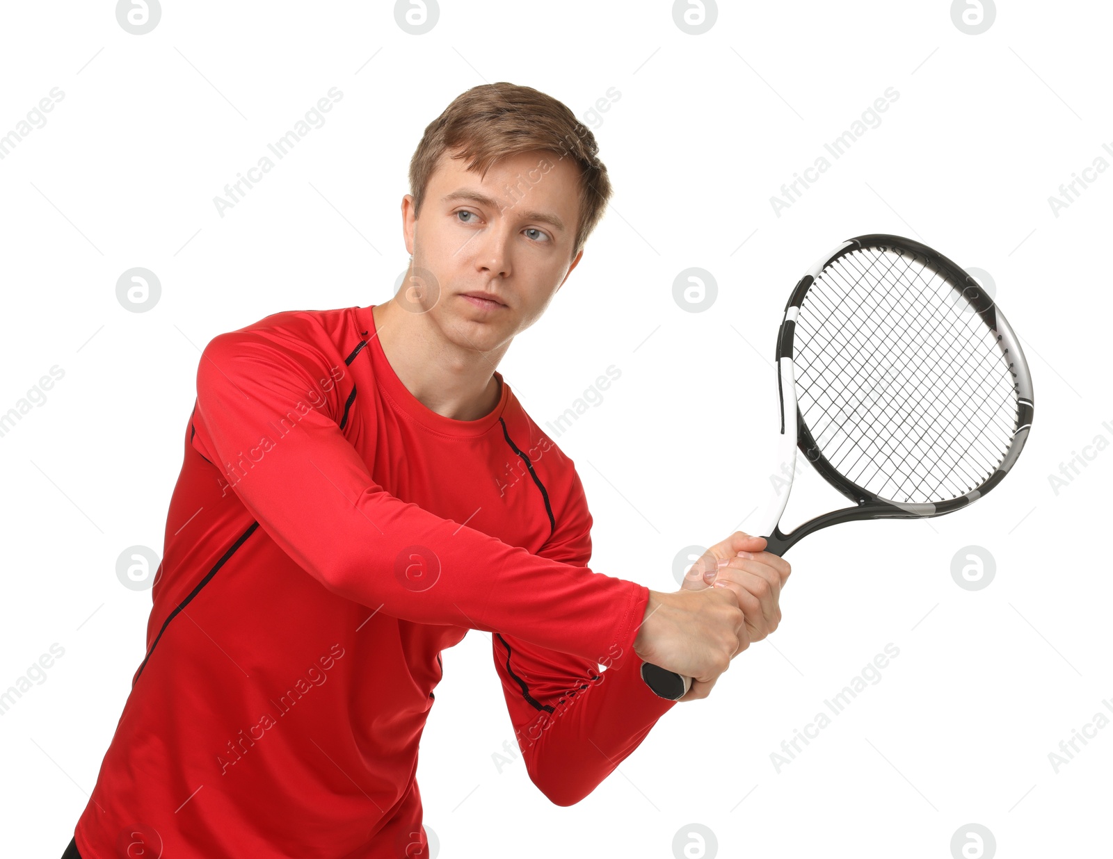Photo of Man with tennis racket on white background