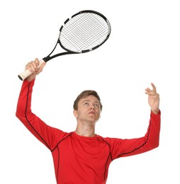 Photo of Man with tennis racket on white background, low angle view