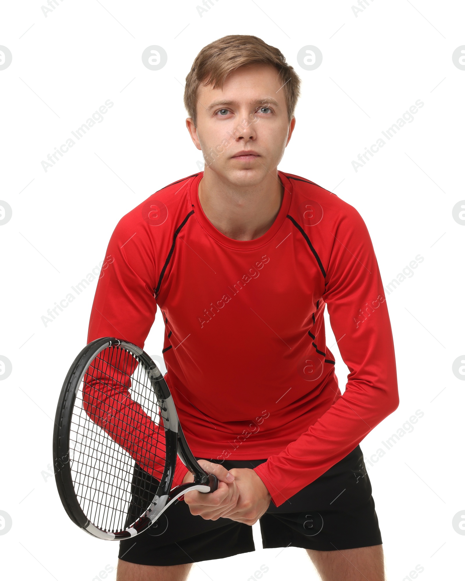 Photo of Man with tennis racket on white background
