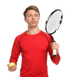 Photo of Man with tennis racket and ball on white background