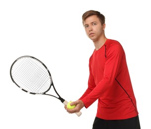 Photo of Man with tennis racket and ball on white background