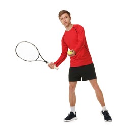Photo of Man with tennis racket and ball on white background