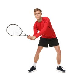 Photo of Man with tennis racket on white background