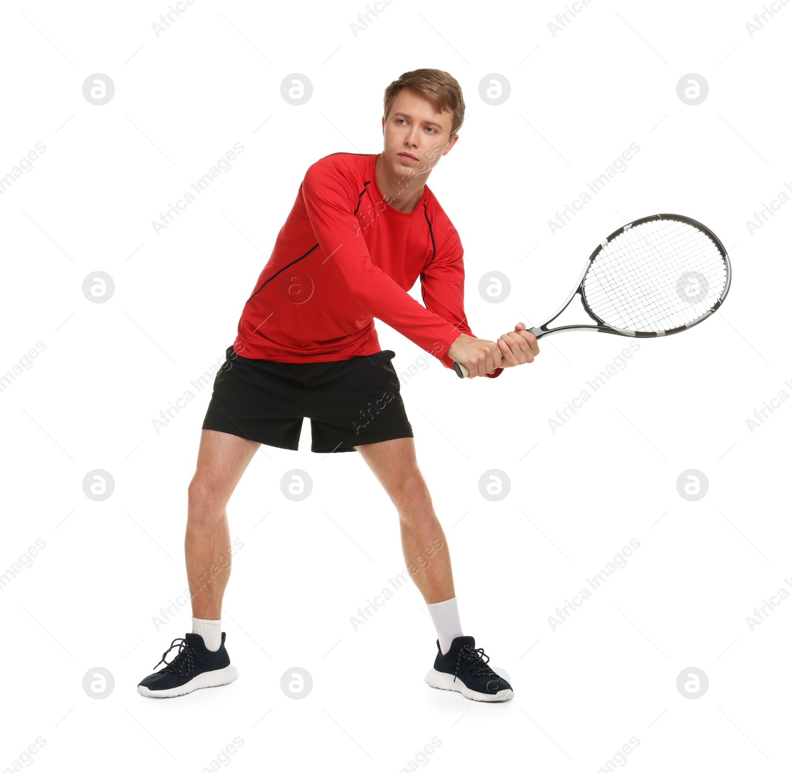 Photo of Man with tennis racket on white background