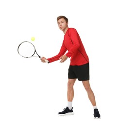 Photo of Man with racket playing tennis on white background