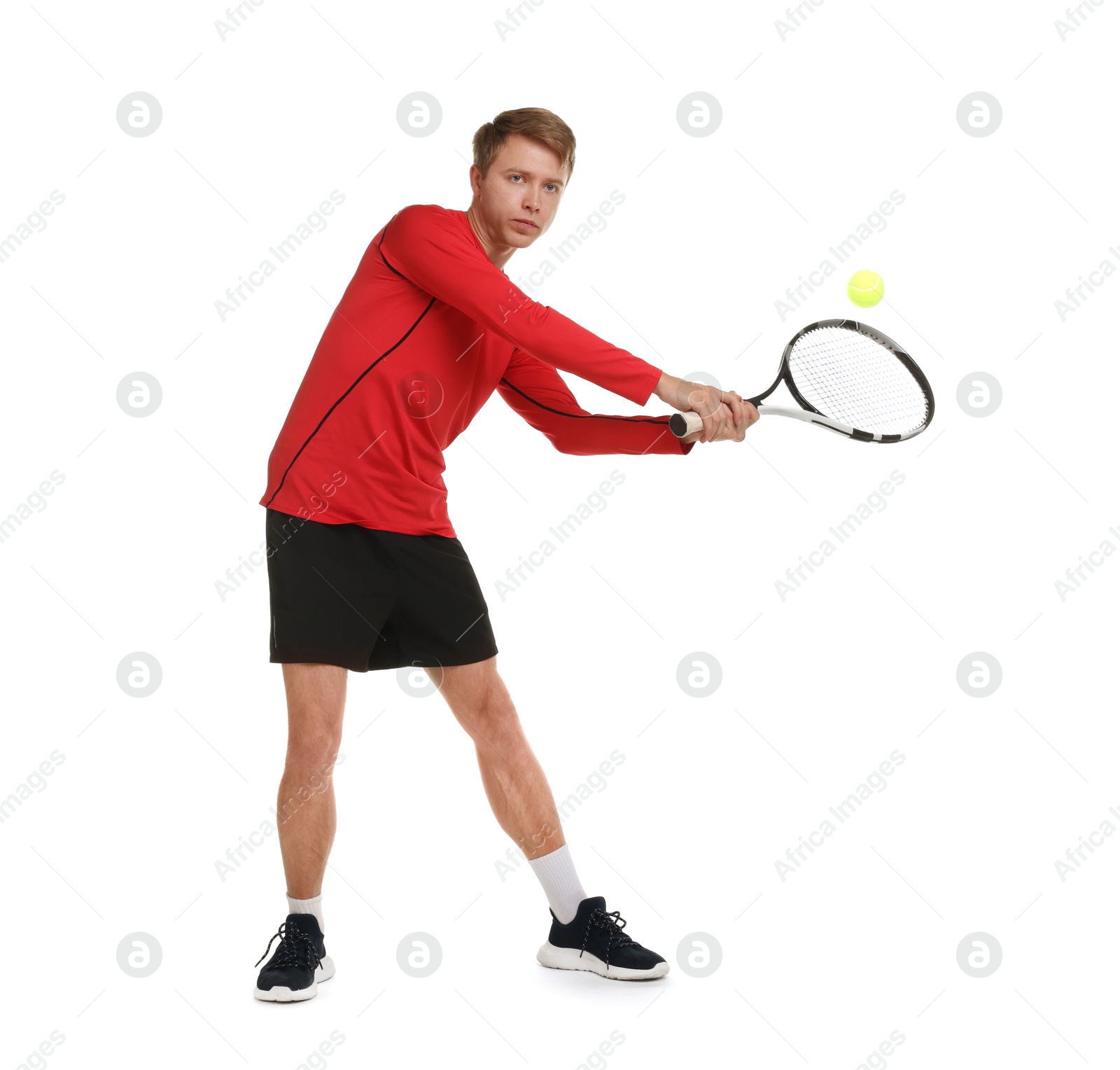 Photo of Man with racket playing tennis on white background