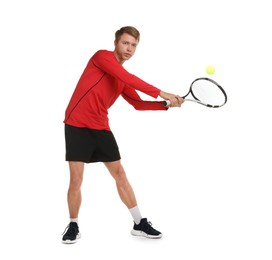 Photo of Man with racket playing tennis on white background