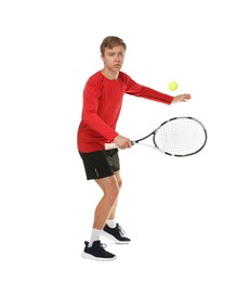 Photo of Man with racket playing tennis on white background