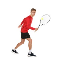 Photo of Man with racket playing tennis on white background