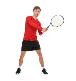 Photo of Man with racket playing tennis on white background