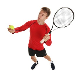 Photo of Man with tennis racket and ball on white background, above view