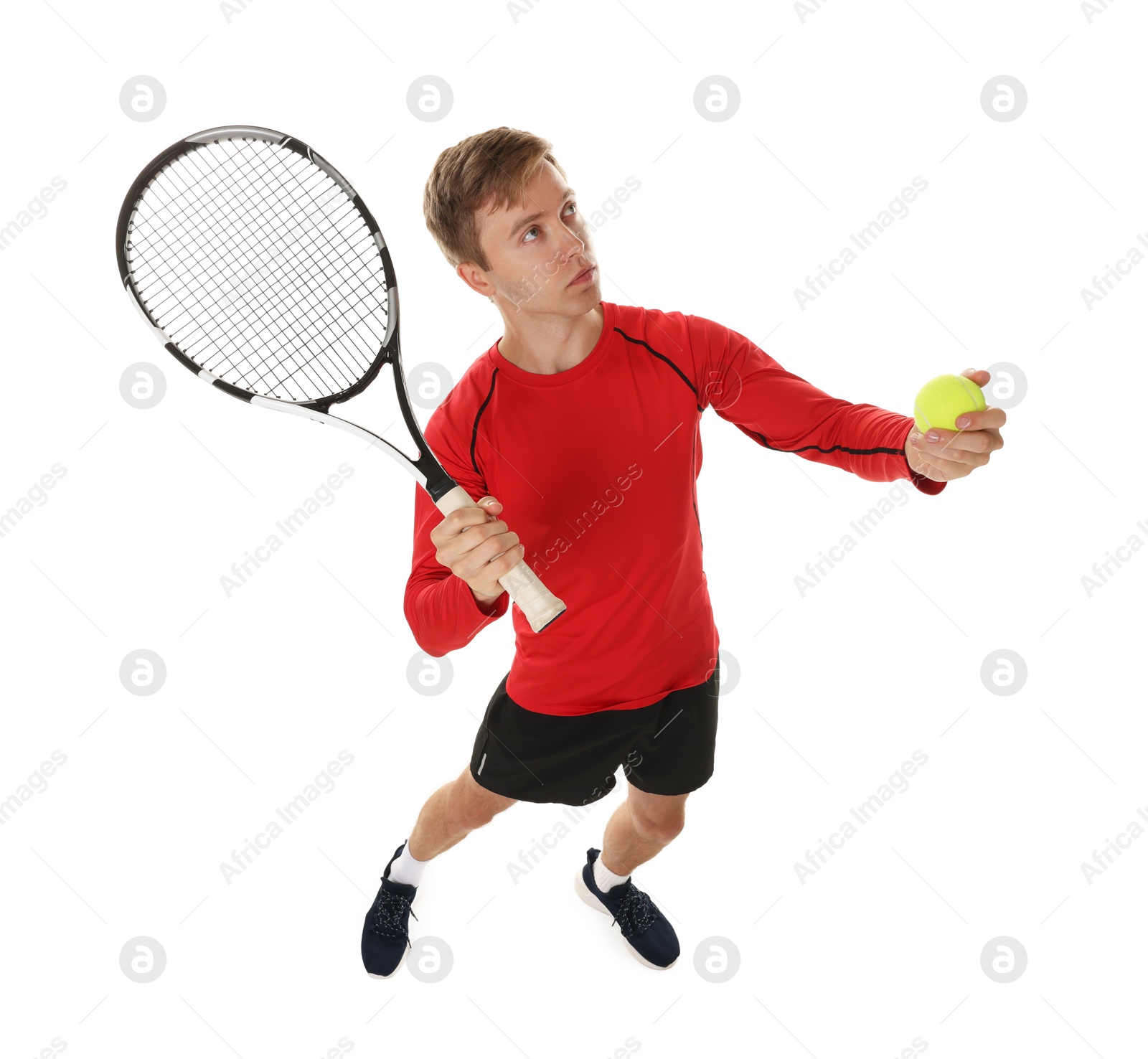 Photo of Man with tennis racket and ball on white background, above view