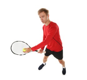 Photo of Man with tennis racket and ball on white background, above view