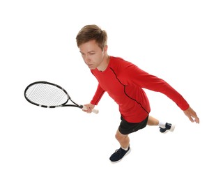 Photo of Man with tennis racket on white background, above view