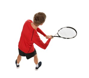Photo of Man with tennis racket on white background, above view