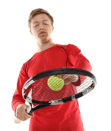 Photo of Man with tennis racket and ball on white background, low angle view