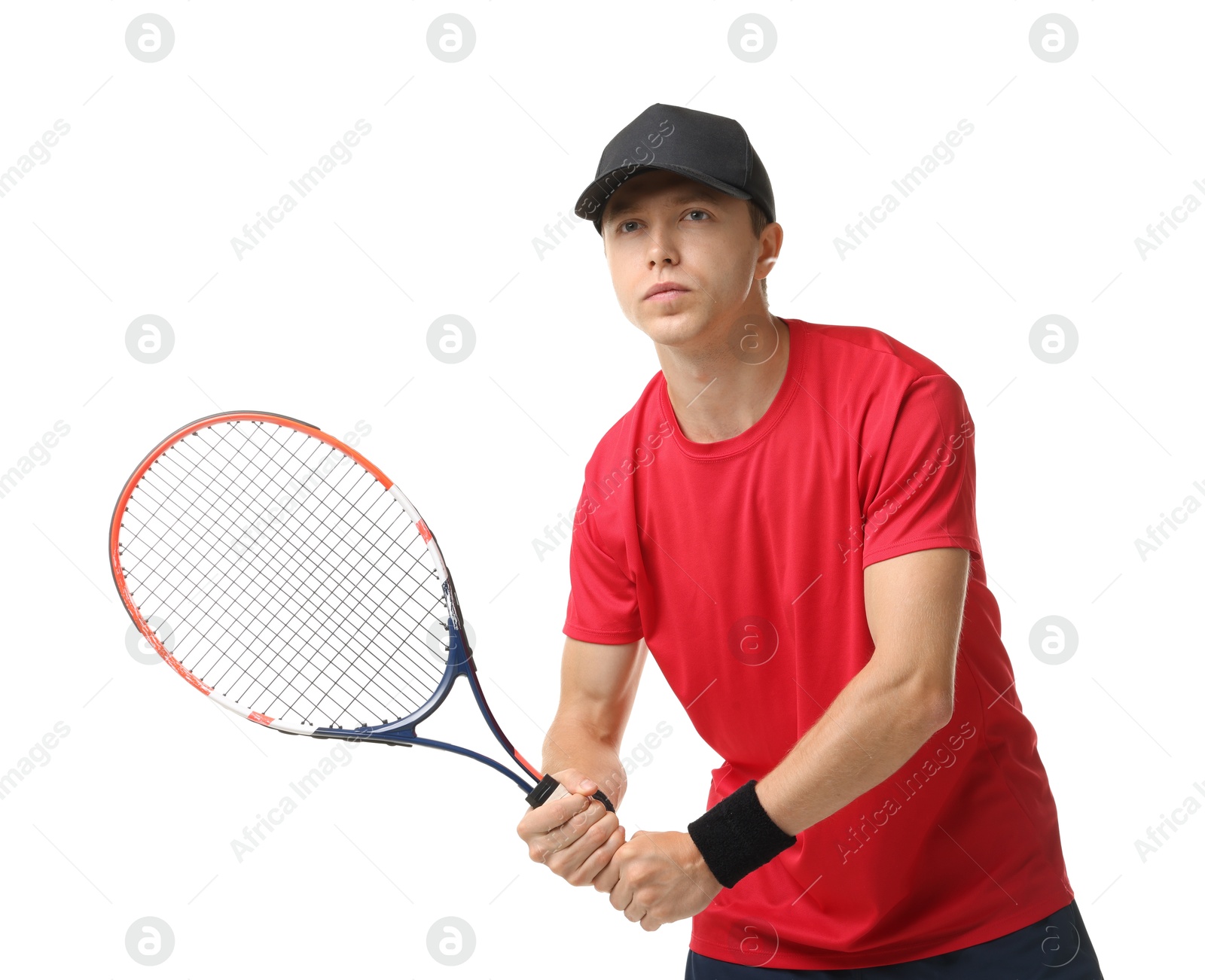 Photo of Man with tennis racket on white background