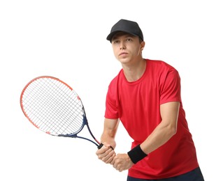 Photo of Man with tennis racket on white background