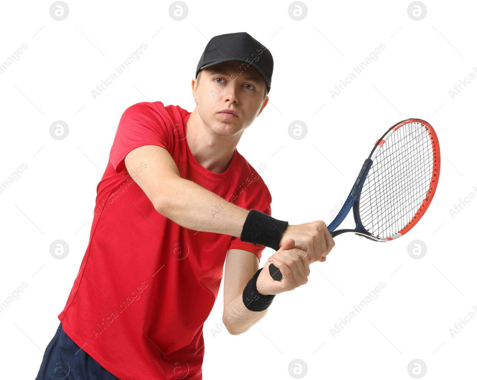 Photo of Man with tennis racket on white background
