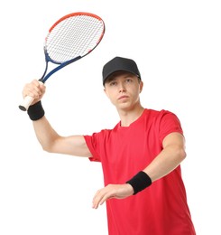 Photo of Man with tennis racket on white background