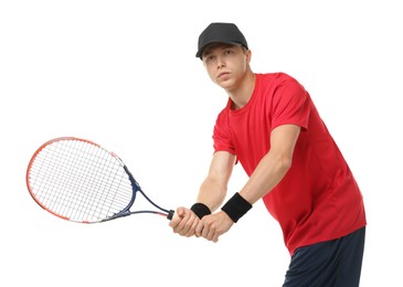 Photo of Man with tennis racket on white background