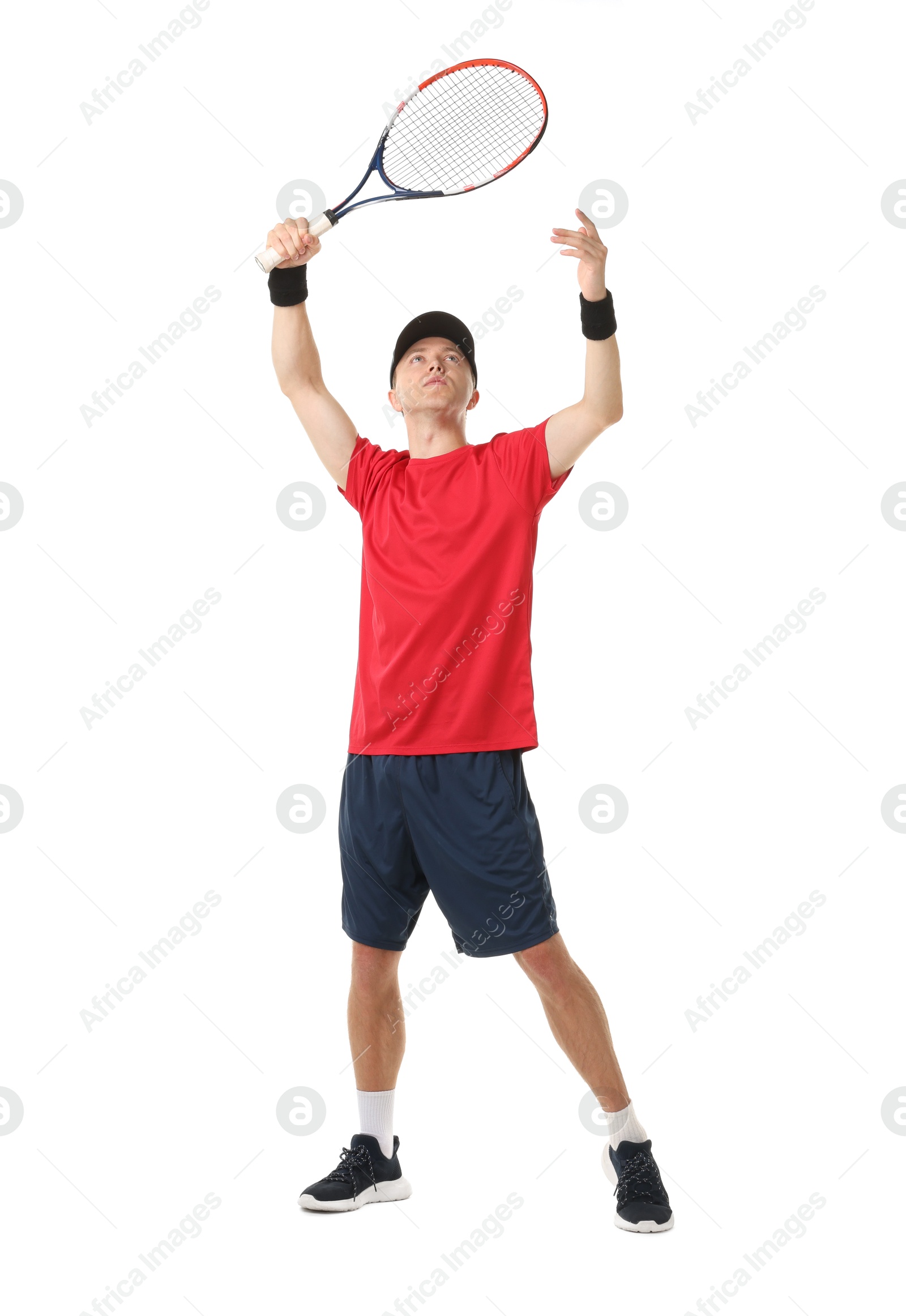 Photo of Man with tennis racket on white background