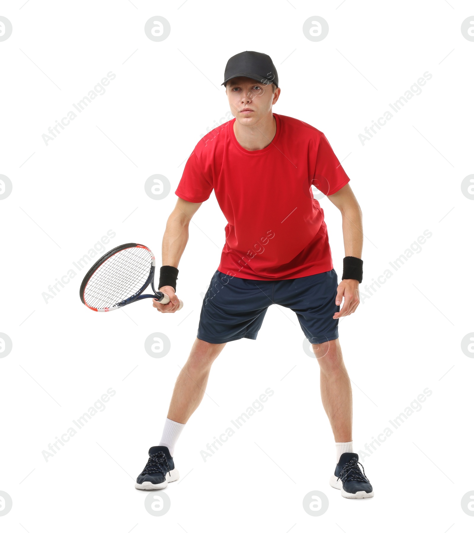 Photo of Man with tennis racket on white background