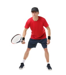 Photo of Man with tennis racket on white background