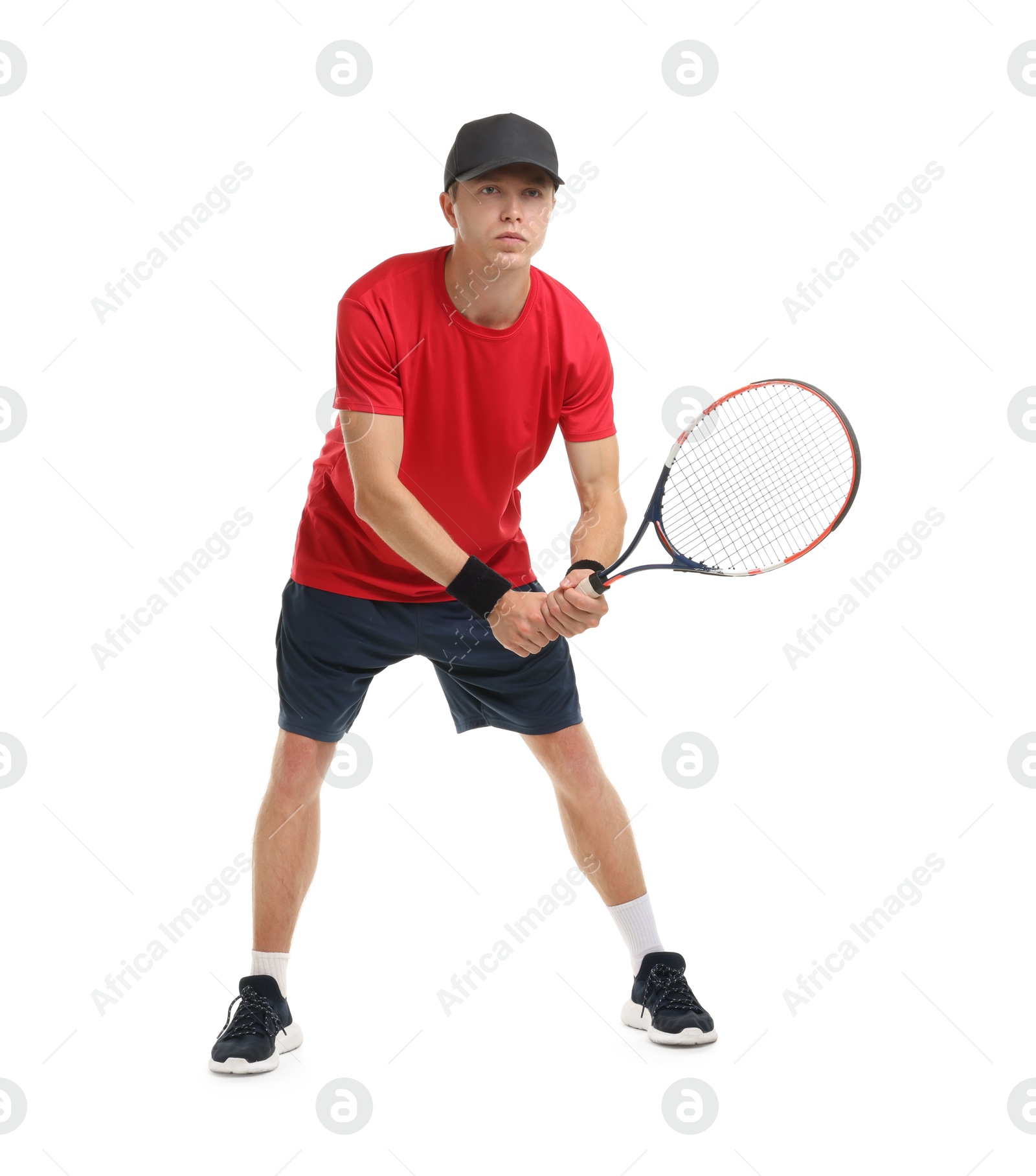 Photo of Man with tennis racket on white background