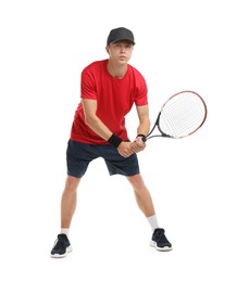 Photo of Man with tennis racket on white background