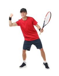 Photo of Man with tennis racket on white background