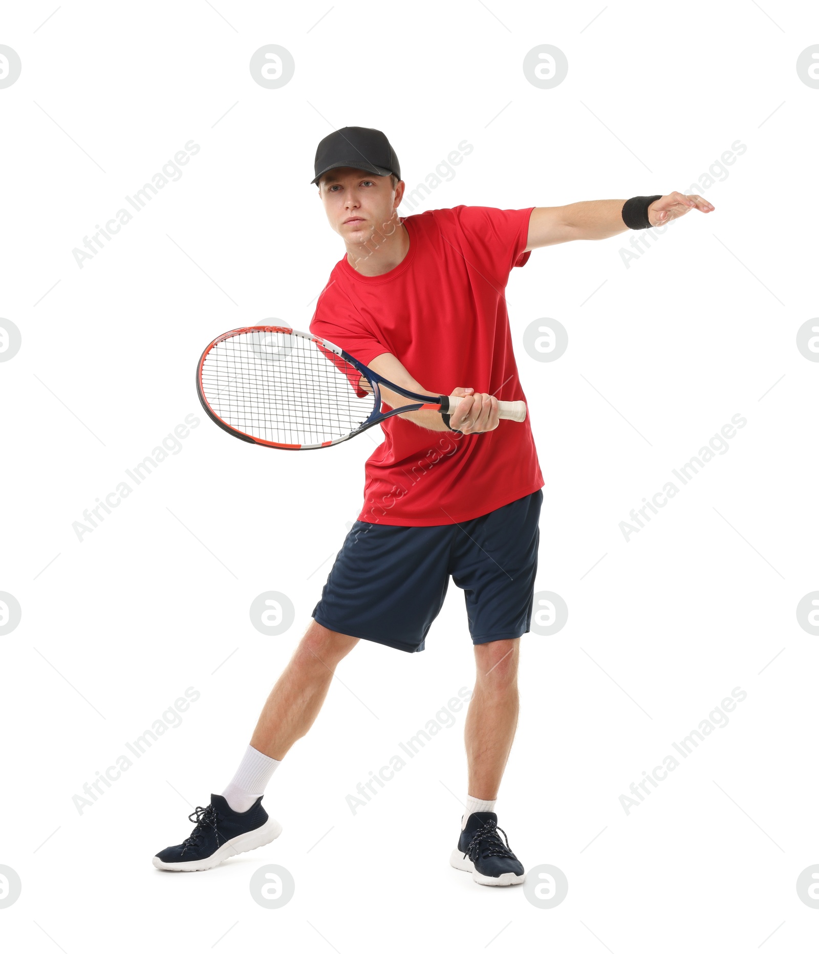 Photo of Man with tennis racket on white background